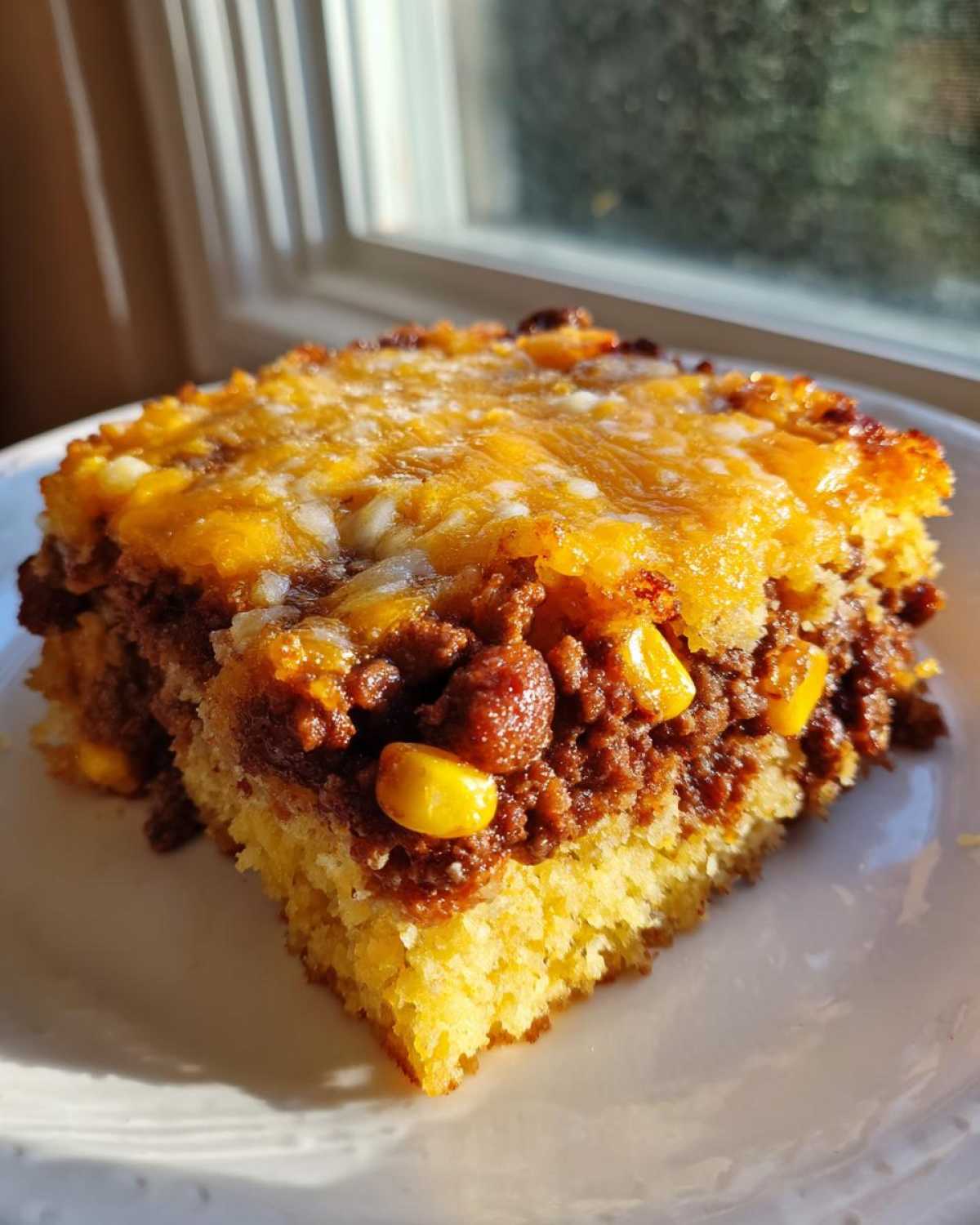 A close-up slice of cowboy cornbread casserole featuring a thick layer of seasoned ground beef, corn, and melted cheddar cheese on top.
