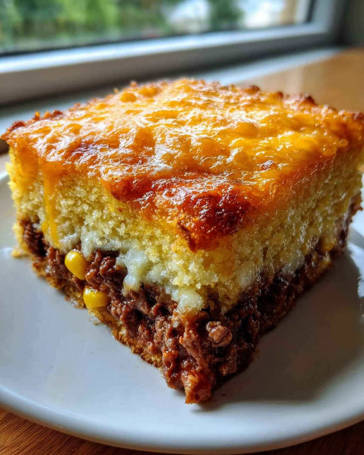 A thick slice of cowboy cornbread casserole showing layers of seasoned ground beef, corn, and a golden, melted cheese topping.