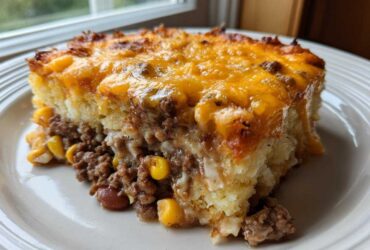 A thick slice of cowboy cornbread casserole featuring a layer of seasoned ground beef, corn, and beans, topped with melted, browned cheddar cheese.