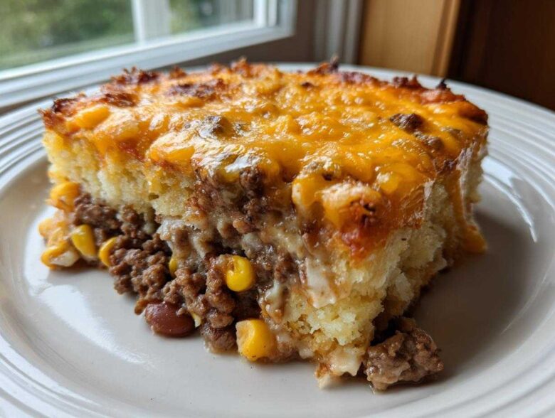 A thick slice of cowboy cornbread casserole featuring a layer of seasoned ground beef, corn, and beans, topped with melted, browned cheddar cheese.