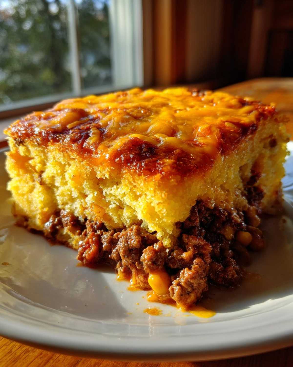 A close-up slice of cowboy cornbread casserole showing a thick layer of cornbread topped with melted cheddar cheese over a savory ground beef filling.