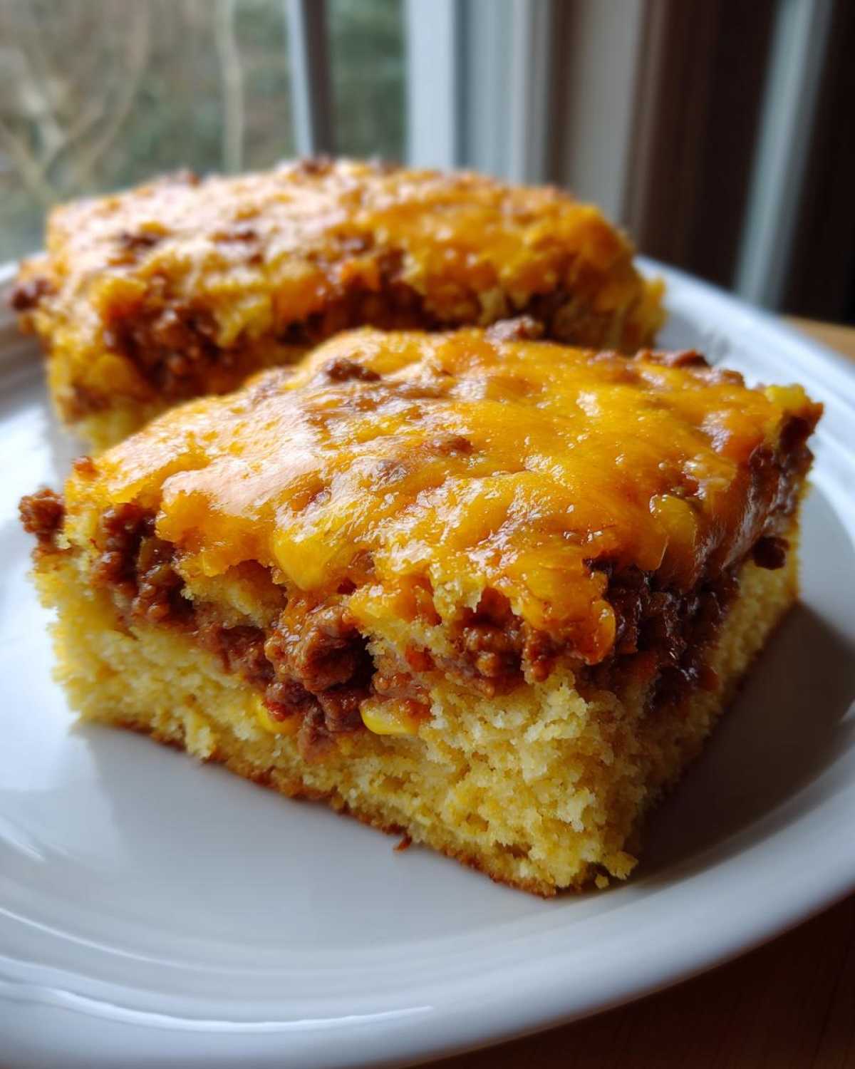 Two squares of cowboy cornbread casserole featuring a thick cornbread base topped with savory meat and melted cheddar cheese.