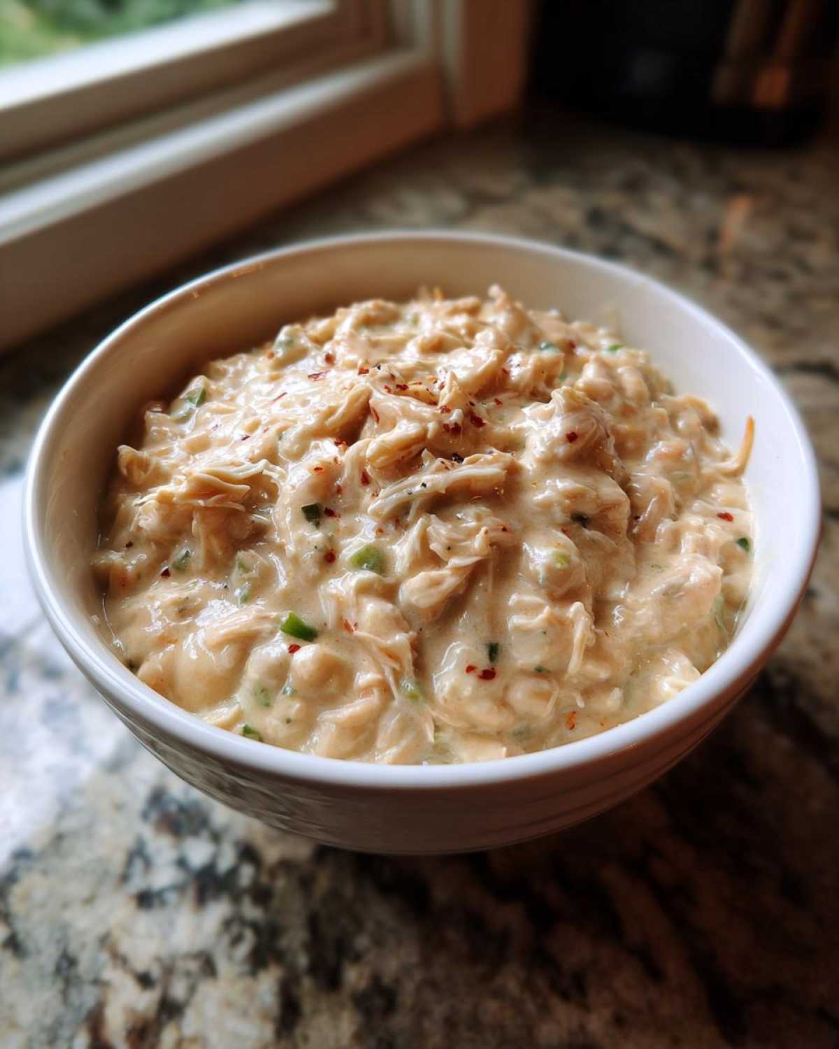 Close-up of a white bowl filled with creamy crockpot white chicken chili, topped with red pepper flakes.