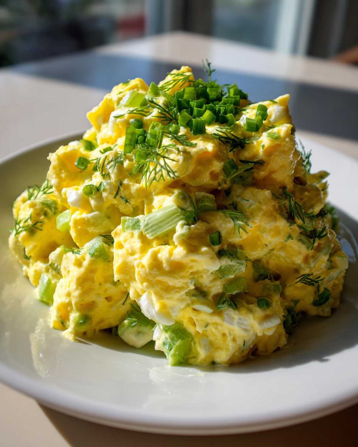 A mound of creamy egg salad recipe mixed with celery and topped generously with chopped chives and dill.