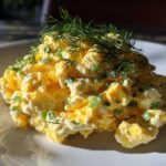A mound of creamy egg salad recipe garnished with chopped green onions and fresh dill sprigs on a white plate.