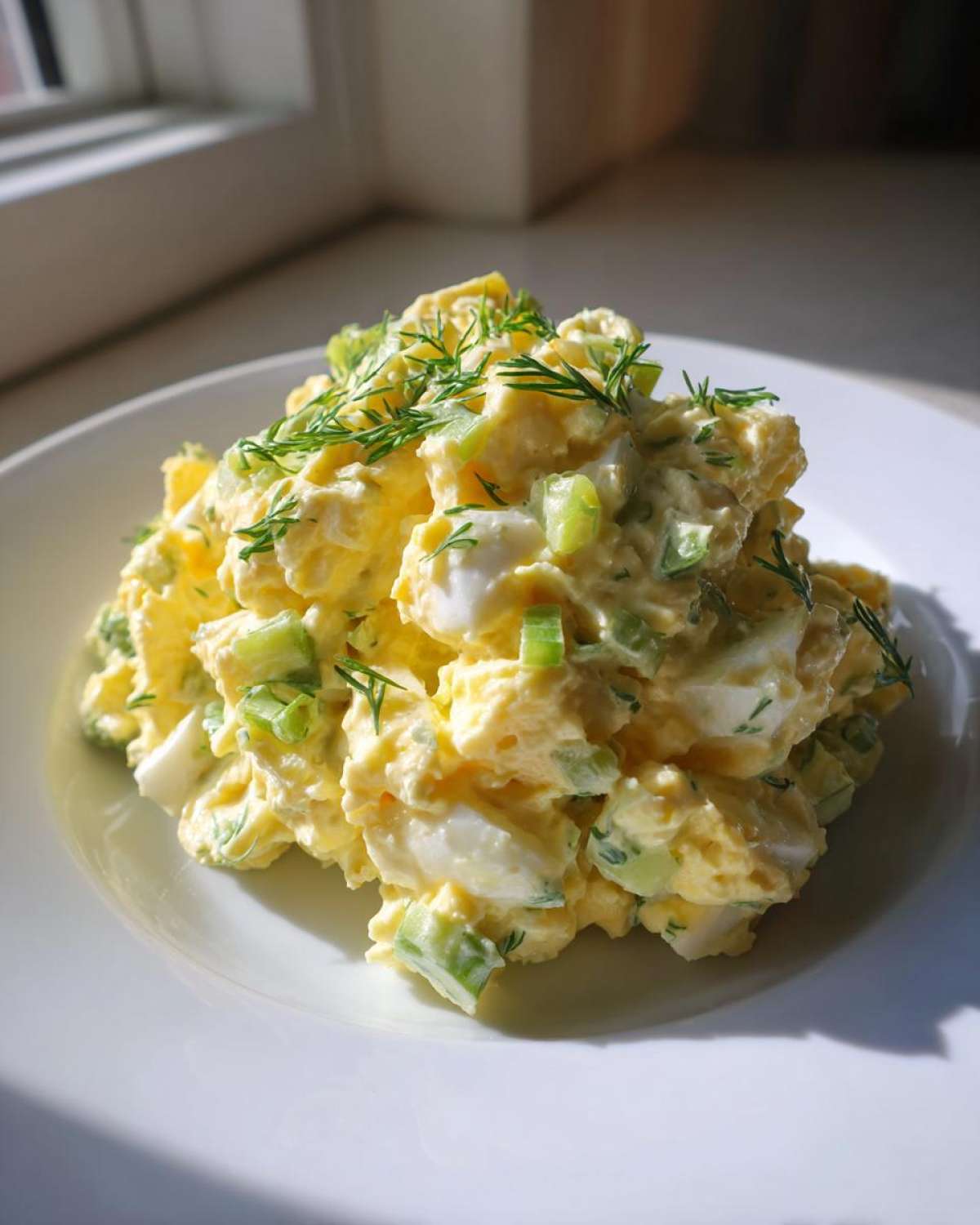 A mound of creamy egg salad recipe mixed with chopped celery and topped with fresh dill, served on a white plate.