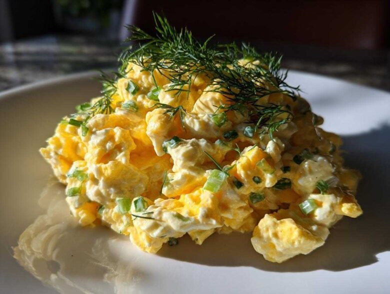 A mound of creamy egg salad recipe garnished with chopped green onions and fresh dill sprigs on a white plate.