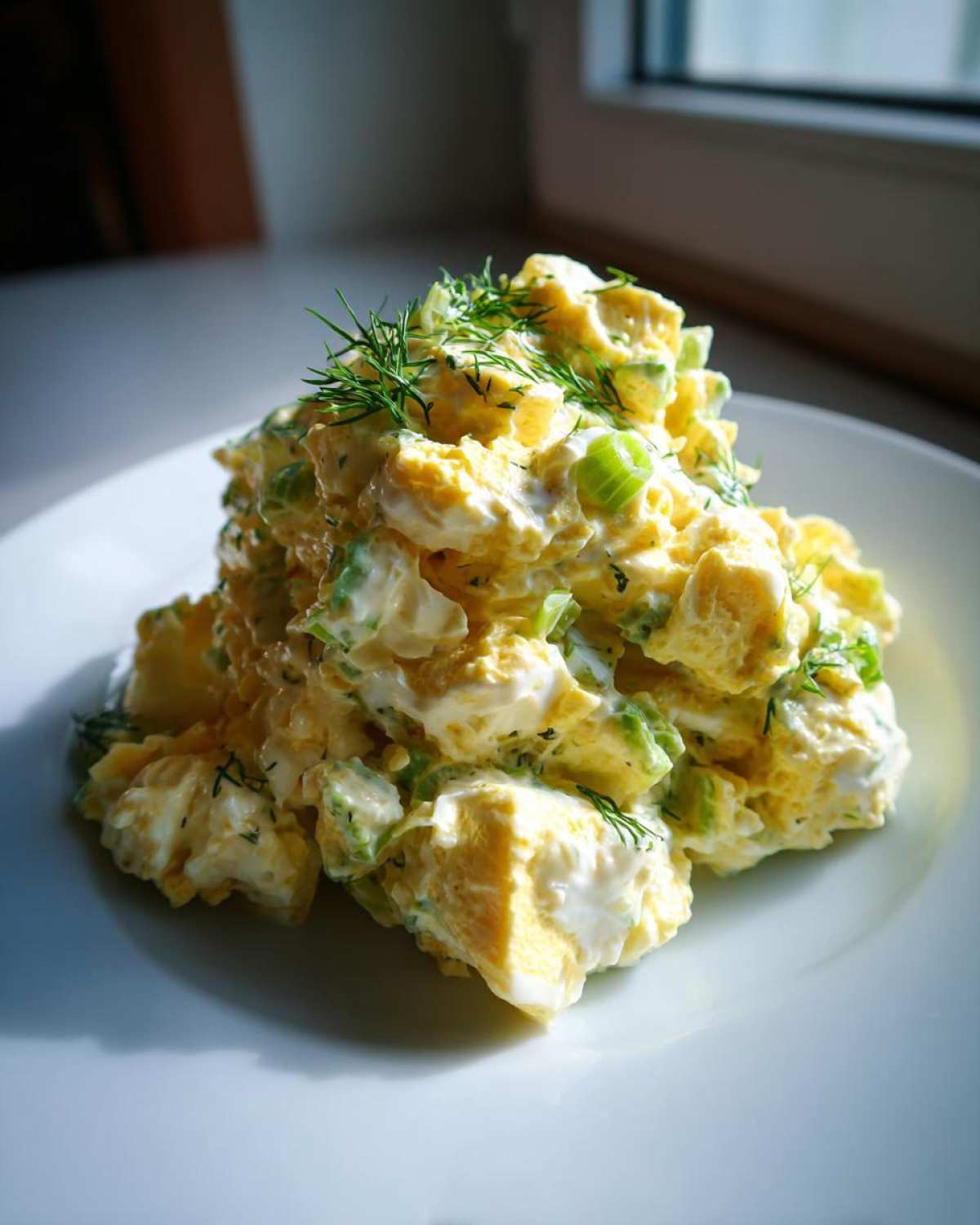 A mound of creamy egg salad recipe mixed with celery, topped with fresh dill sprigs, served on a white plate.