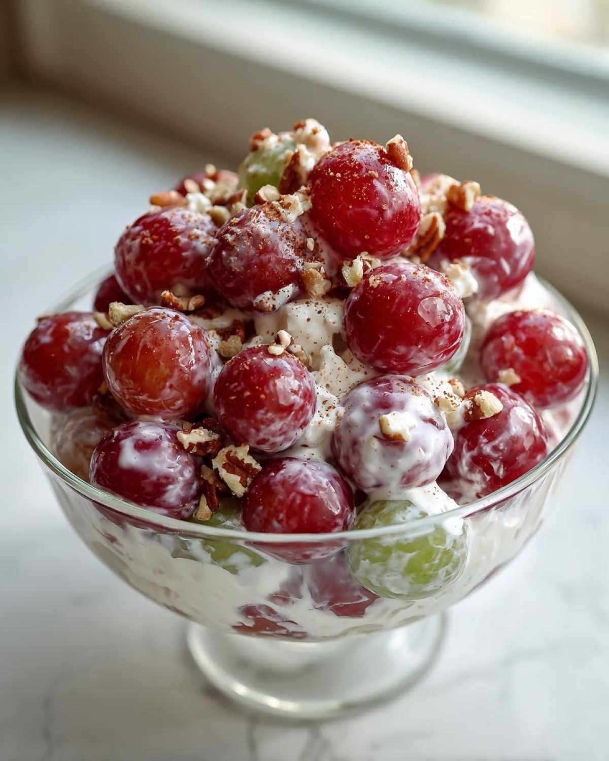 A glass bowl filled with creamy chicken salad chick grape salad, featuring red and green grapes coated in dressing and topped with pecans.