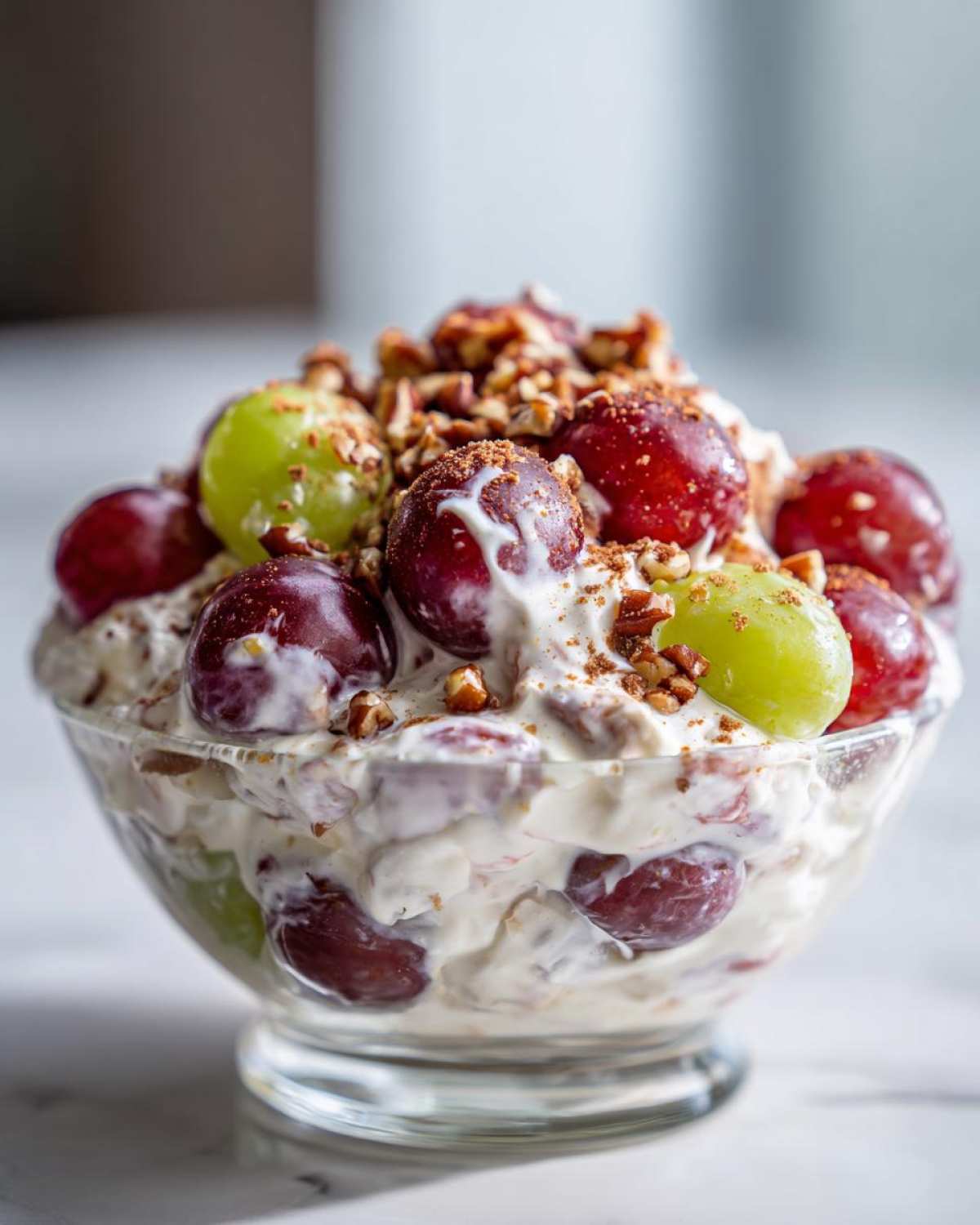 Close-up of a sweet grape salad, similar to chicken salad chick grape salad, topped with pecans and cinnamon.