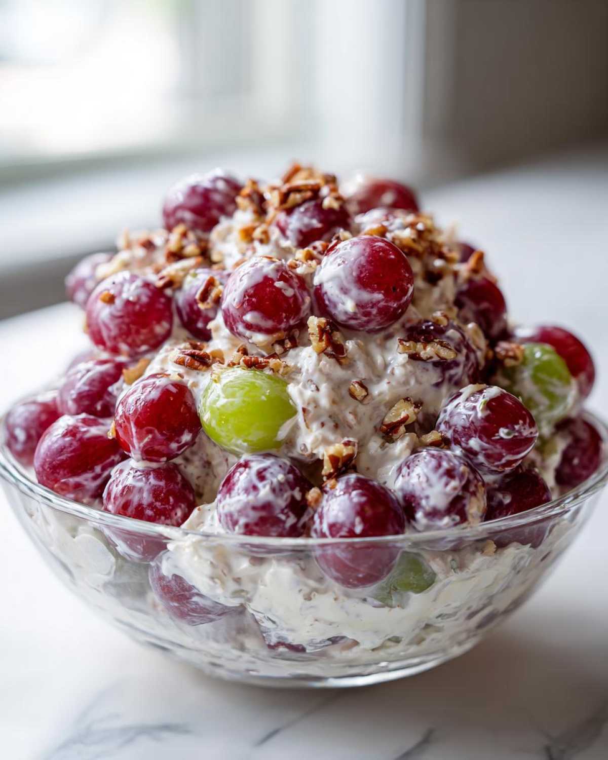 Close-up of creamy grape salad, featuring red and green grapes coated in dressing and topped with pecans, reminiscent of chicken salad chick grape salad.