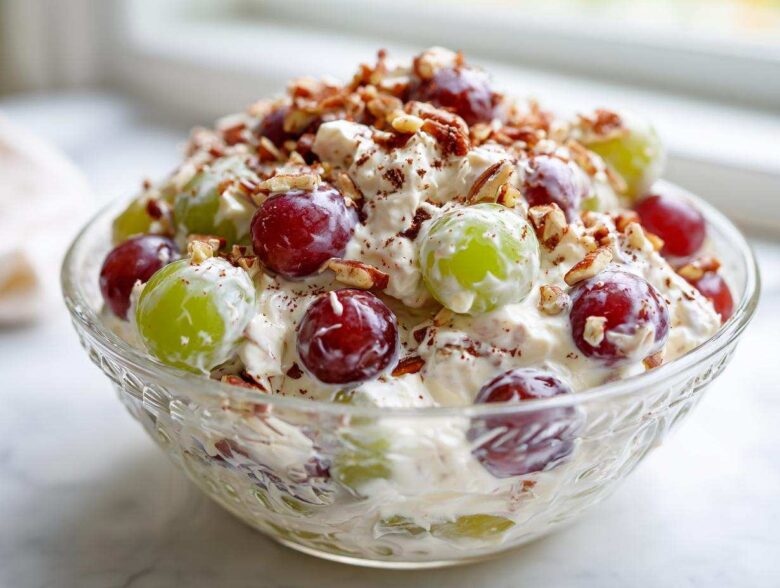 A close-up of creamy grape salad, featuring red and green grapes mixed with a sweet cream dressing and topped with chopped pecans.