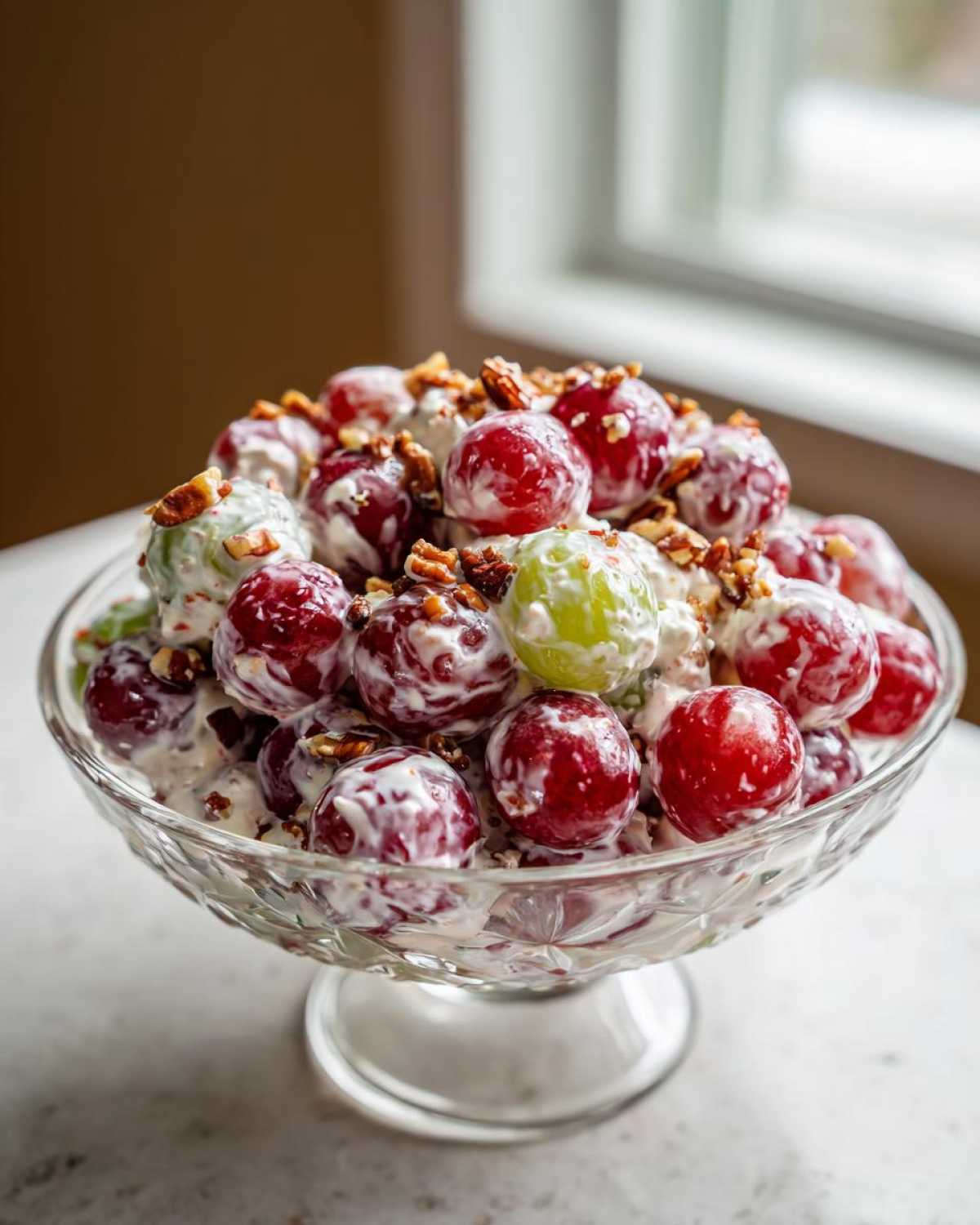 A crystal compote bowl filled with creamy chicken salad chick grape salad, topped with chopped pecans.