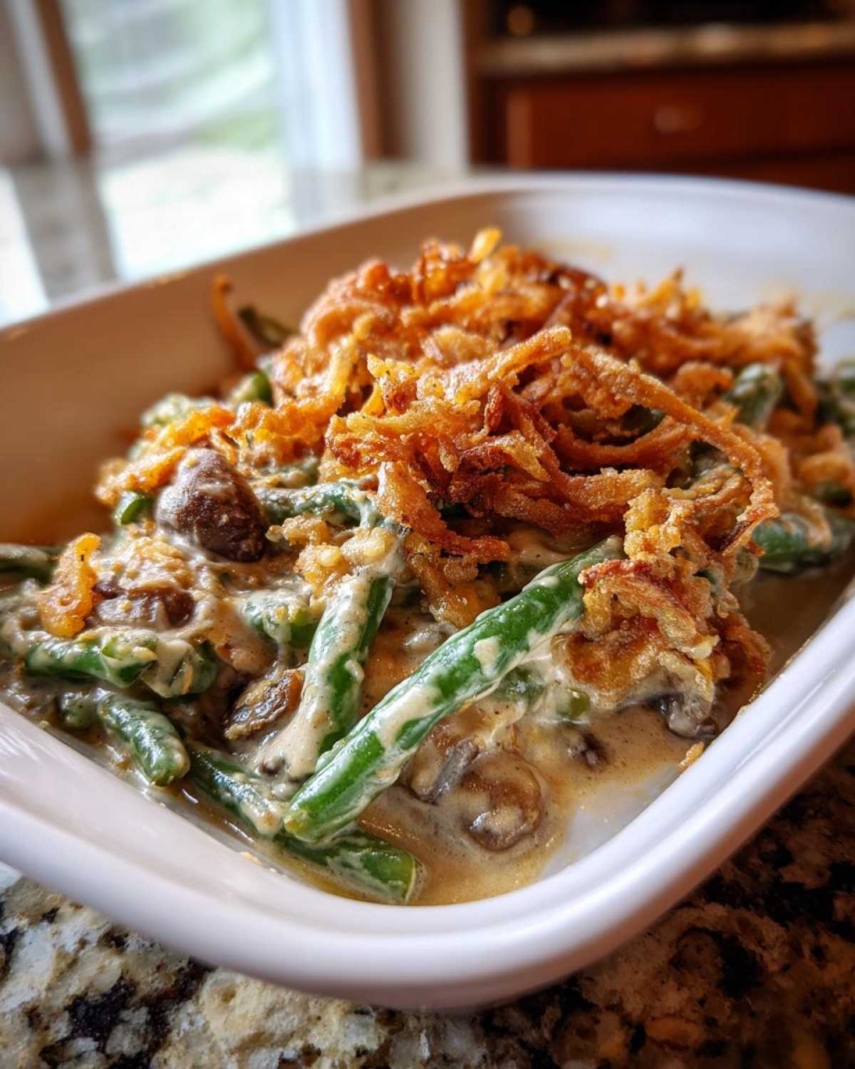 A close-up view of a creamy green bean casserole topped generously with crispy fried onions.