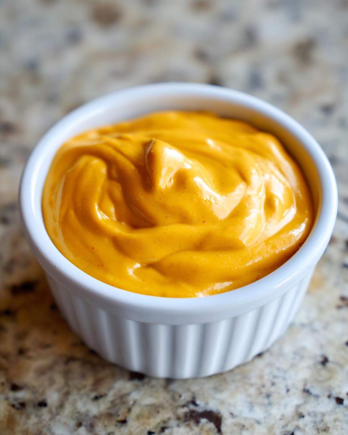 A small white ramekin filled with thick, bright orange homemade nacho cheese sauce.