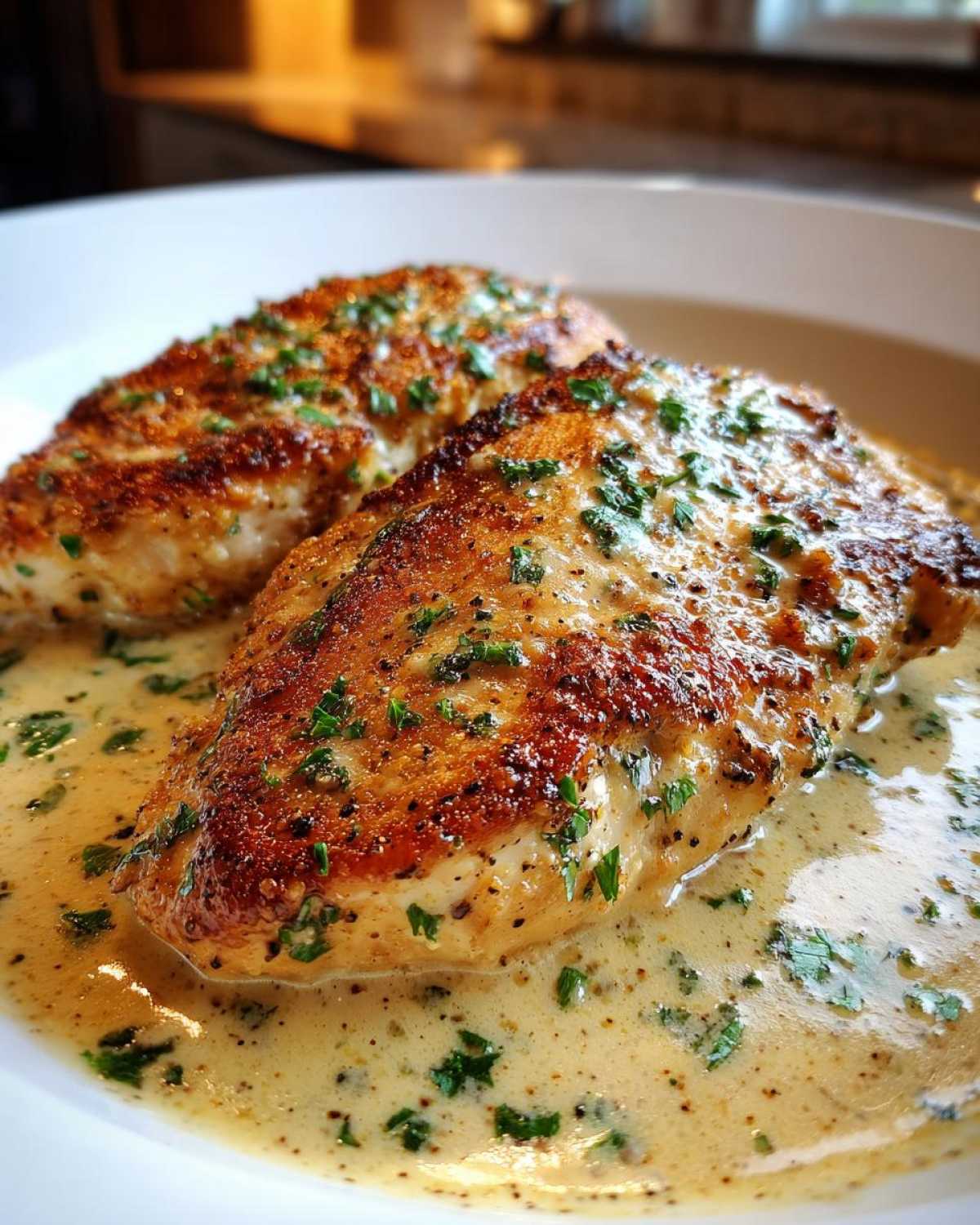 Close-up of two pan-seared chicken breasts covered in a rich, creamy lemon sauce and sprinkled with fresh parsley.