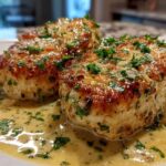 Two golden-brown chicken breasts smothered in a rich, creamy lemon sauce and topped with fresh parsley.