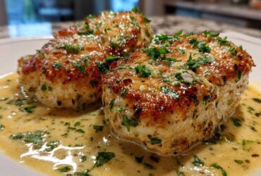 Two golden-brown chicken breasts smothered in a rich, creamy lemon sauce and topped with fresh parsley.