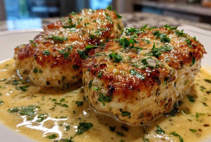 Two golden-brown chicken breasts smothered in a rich, creamy lemon sauce and topped with fresh parsley.