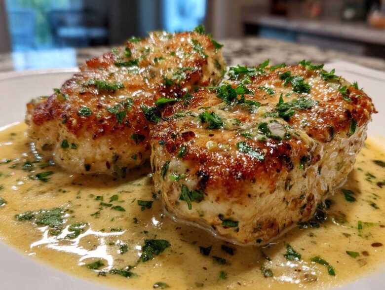 Two golden-brown chicken breasts smothered in a rich, creamy lemon sauce and topped with fresh parsley.
