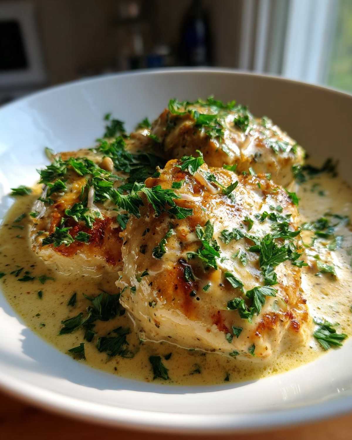 Three pieces of pan-seared creamy lemon chicken smothered in a rich sauce and topped with fresh parsley.
