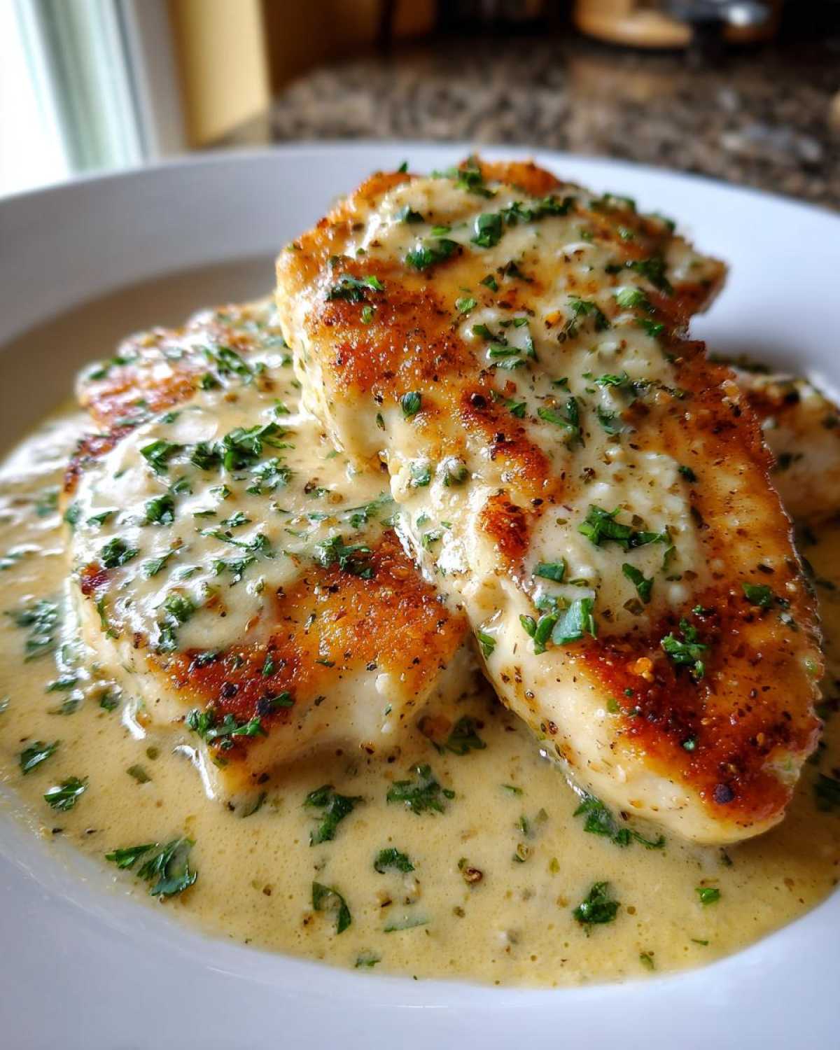 Close-up of seared chicken breasts smothered in a rich, creamy lemon chicken sauce and topped with fresh parsley.
