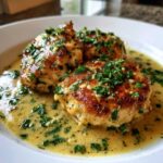 Three pan-seared chicken pieces smothered in a rich, creamy lemon chicken sauce and topped with fresh parsley.