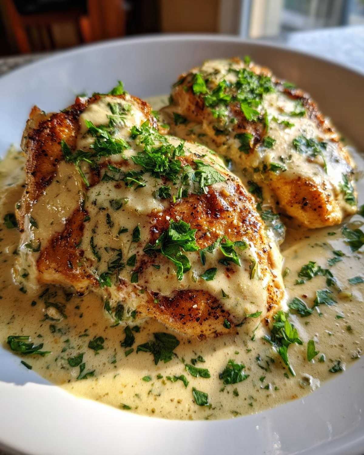Two golden-brown chicken breasts smothered in a rich, creamy lemon sauce and topped with fresh chopped parsley.