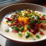 A creamy bowl of loaded baked potato soup topped generously with bacon bits, shredded cheddar, sour cream, and chives.