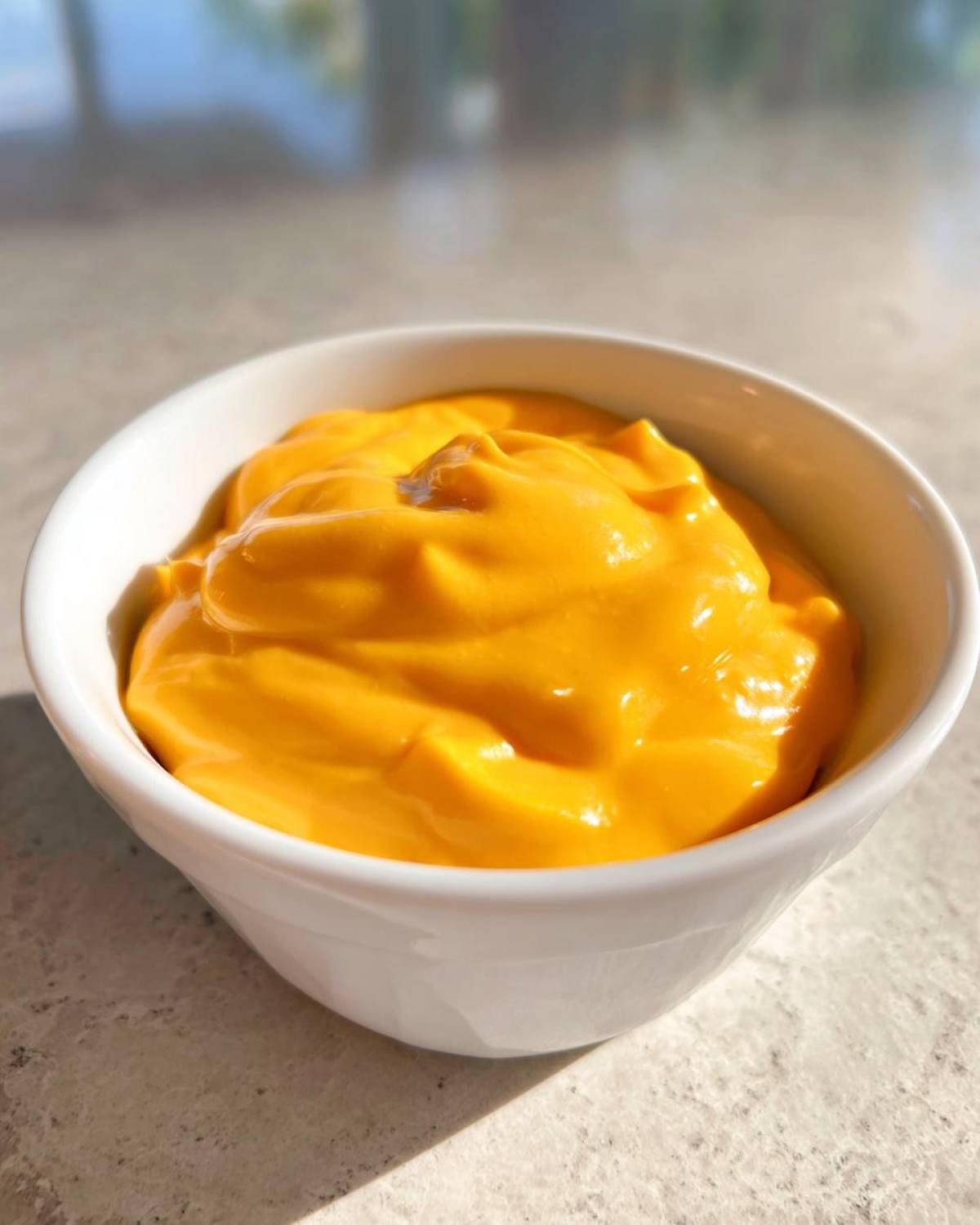 Close-up of bright orange, creamy nacho cheese sauce served in a small white bowl.