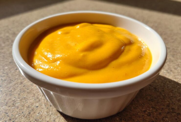 A close-up of thick, bright orange homemade nacho cheese sauce served in a small white bowl.