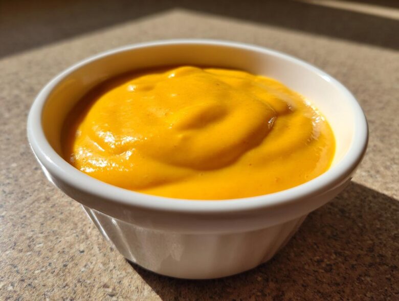 A close-up of thick, bright orange homemade nacho cheese sauce served in a small white bowl.
