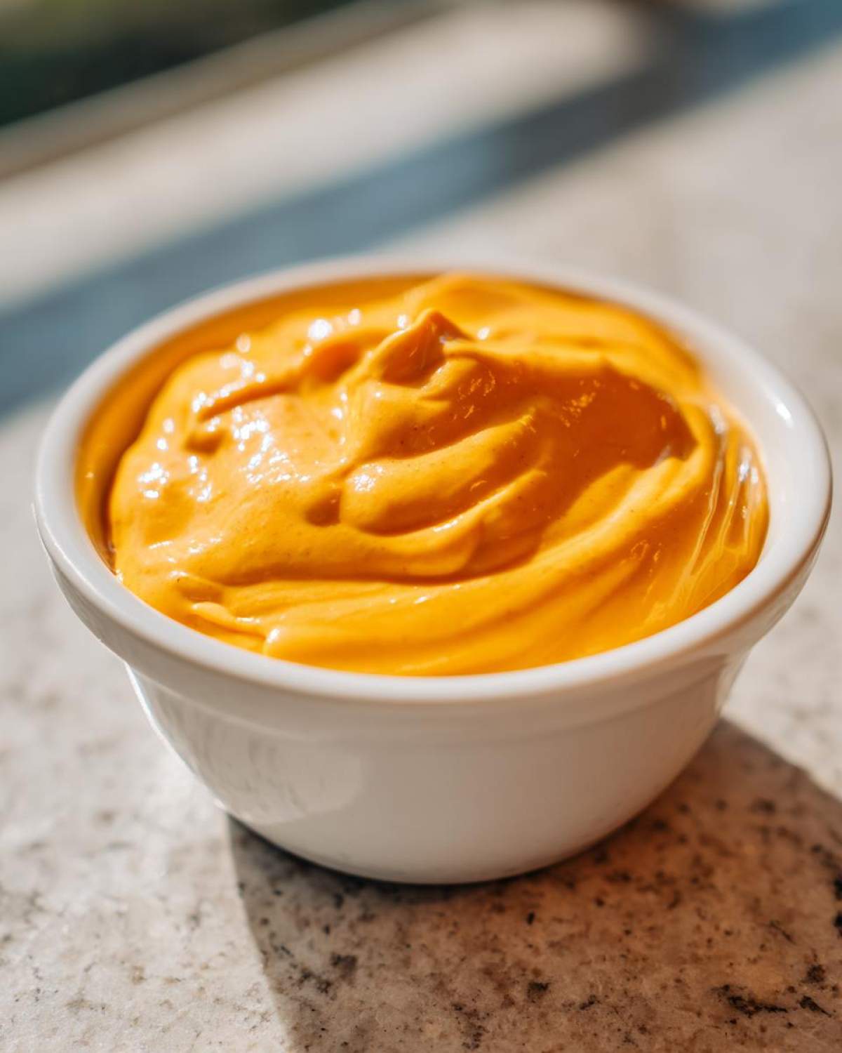 A close-up of rich, orange homemade nacho cheese sauce filling a small white bowl.