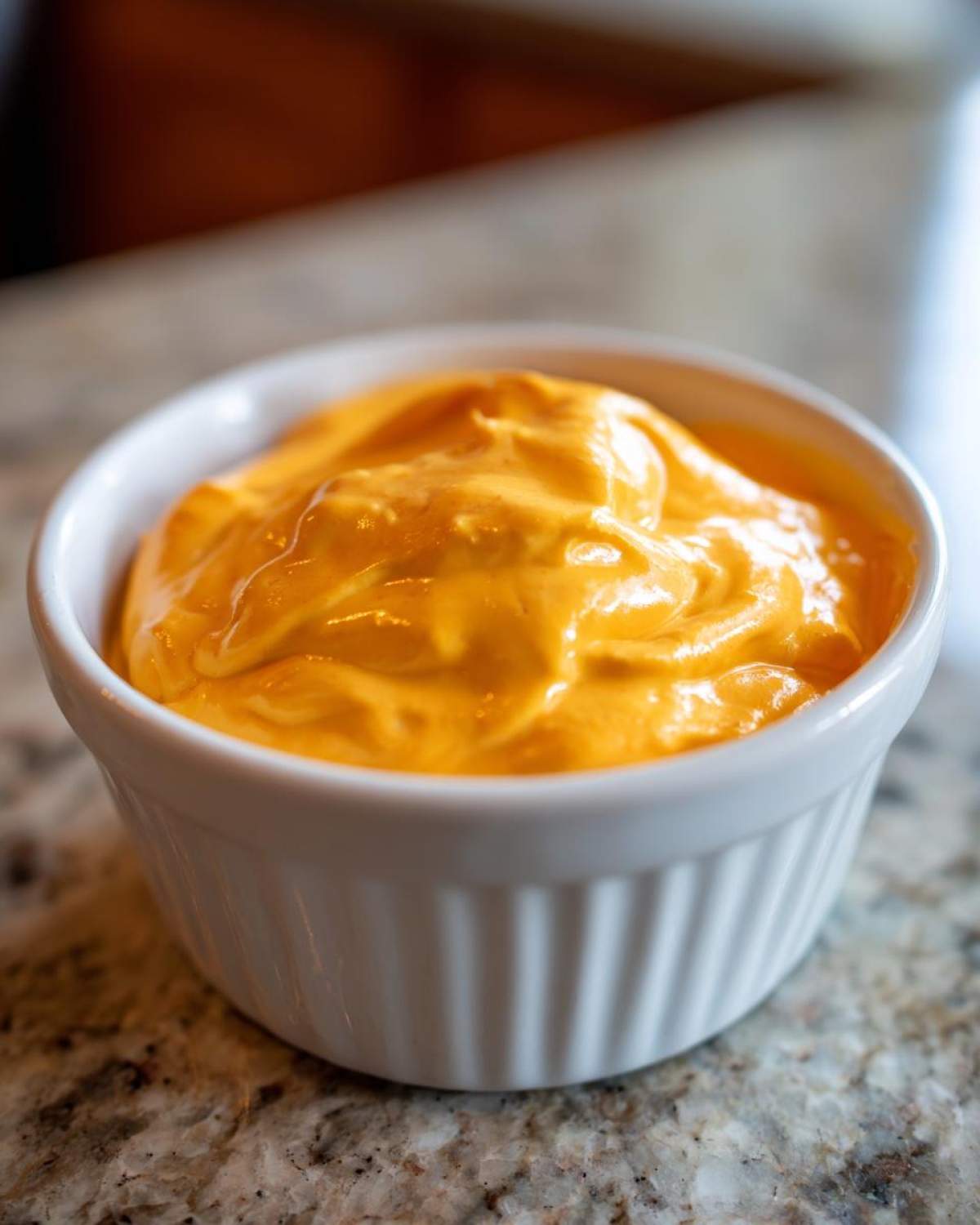 A close-up of smooth, vibrant orange homemade nacho cheese sauce served in a small white ramekin.