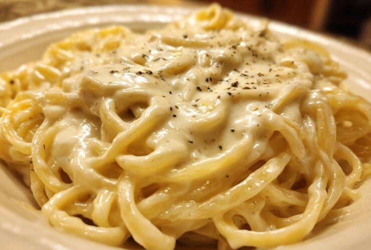 Close-up of fettuccine pasta generously coated in rich, creamy olive garden alfredo sauce and topped with pepper.
