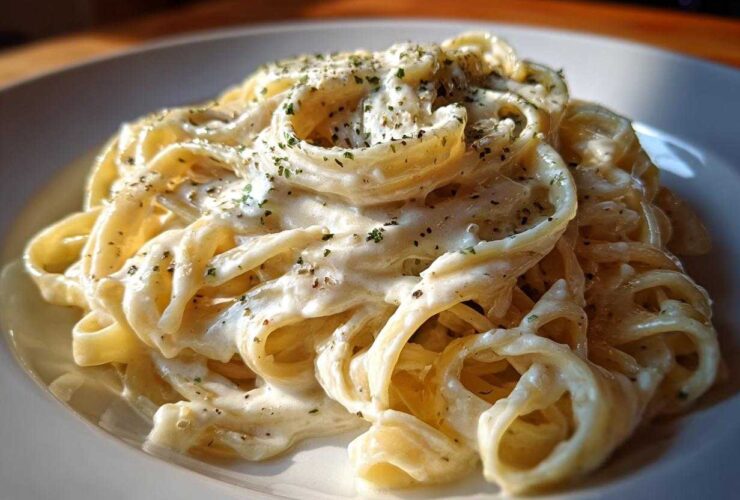 Close-up of fettuccine pasta generously coated in rich homemade alfredo sauce and sprinkled with herbs.