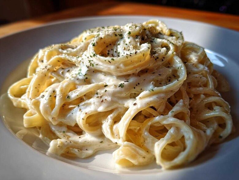 Close-up of fettuccine pasta generously coated in rich homemade alfredo sauce and sprinkled with herbs.