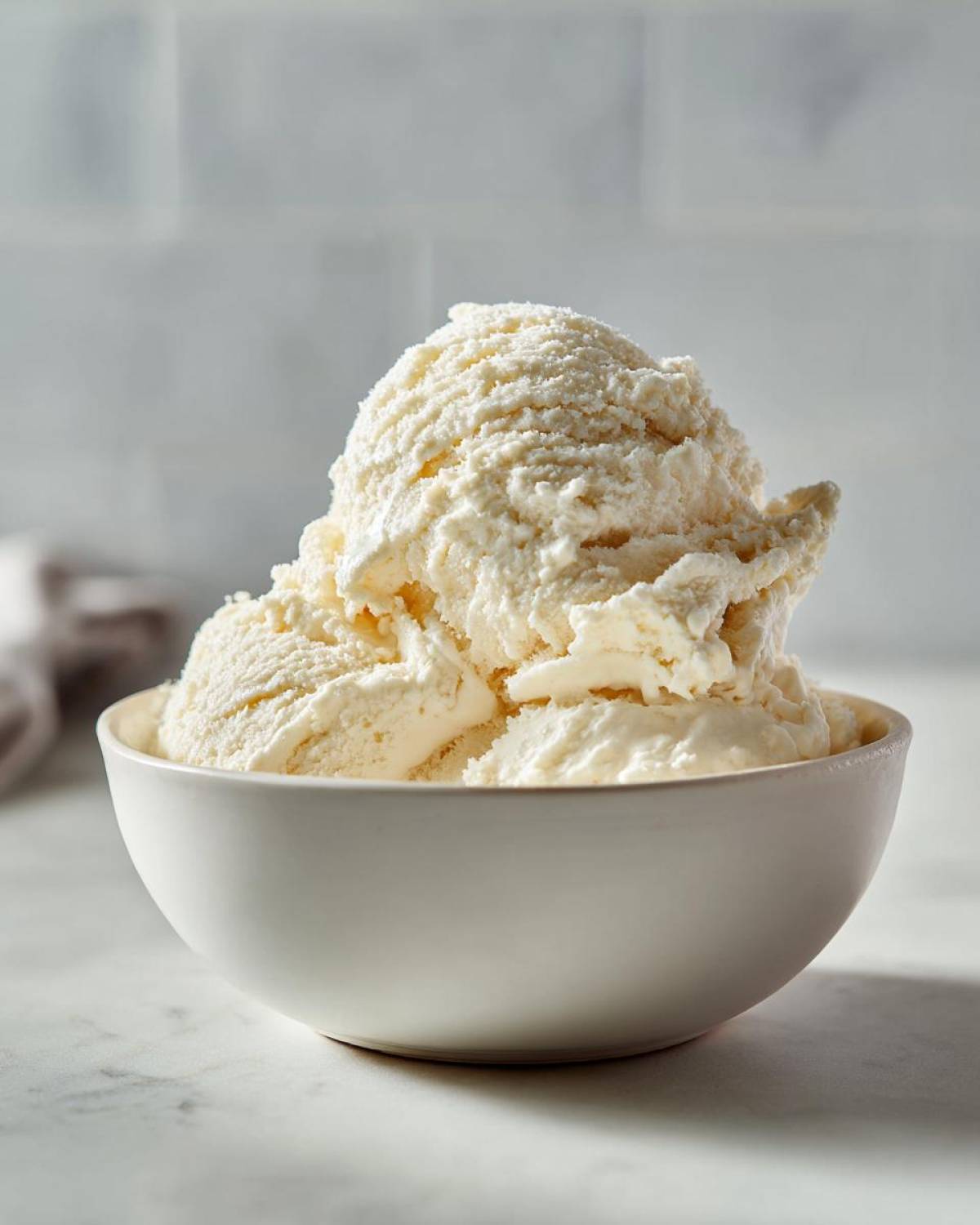 Three generous scoops of creamy vanilla protein ice cream served in a white bowl.
