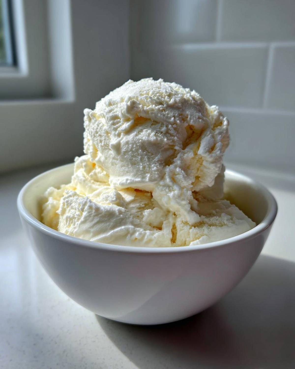 A white bowl filled with scoops of creamy vanilla protein ice cream, brightly lit by sunlight.