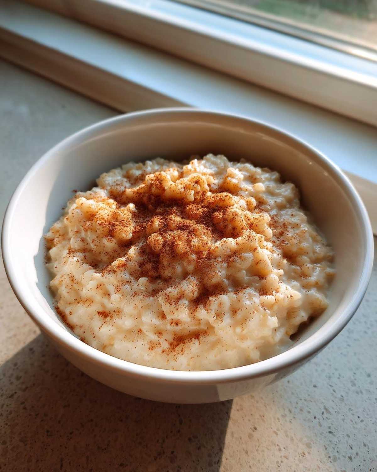 A close-up of creamy rice pudding topped generously with ground cinnamon in a white bowl.