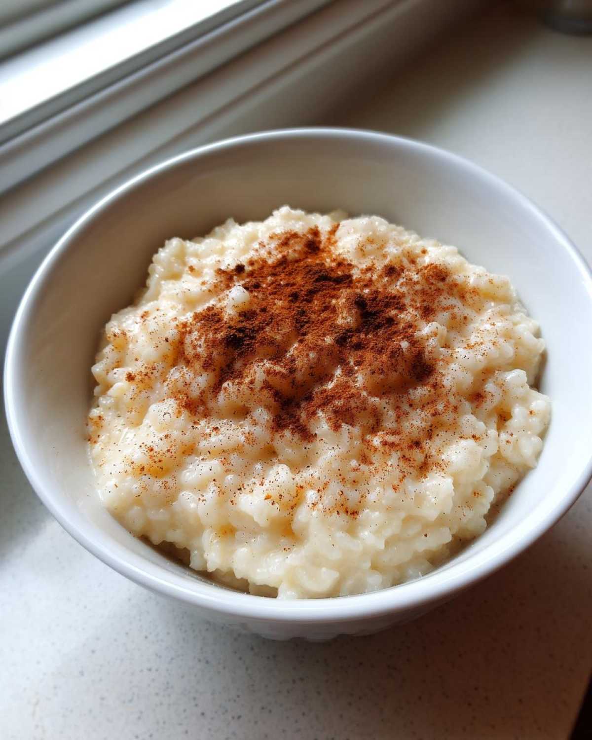A close-up of creamy rice pudding in a white bowl, generously sprinkled with ground cinnamon.