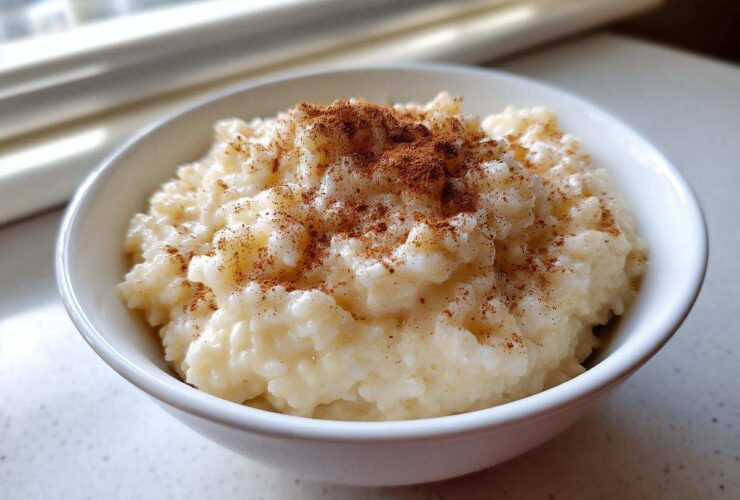 Close-up of a bowl of creamy rice pudding generously sprinkled with ground cinnamon.