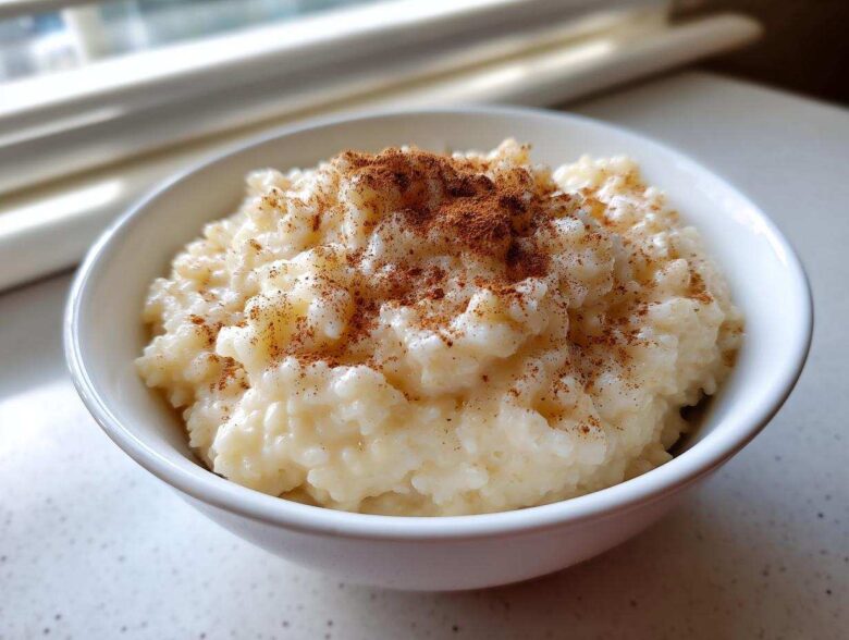 Close-up of a bowl of creamy rice pudding generously sprinkled with ground cinnamon.