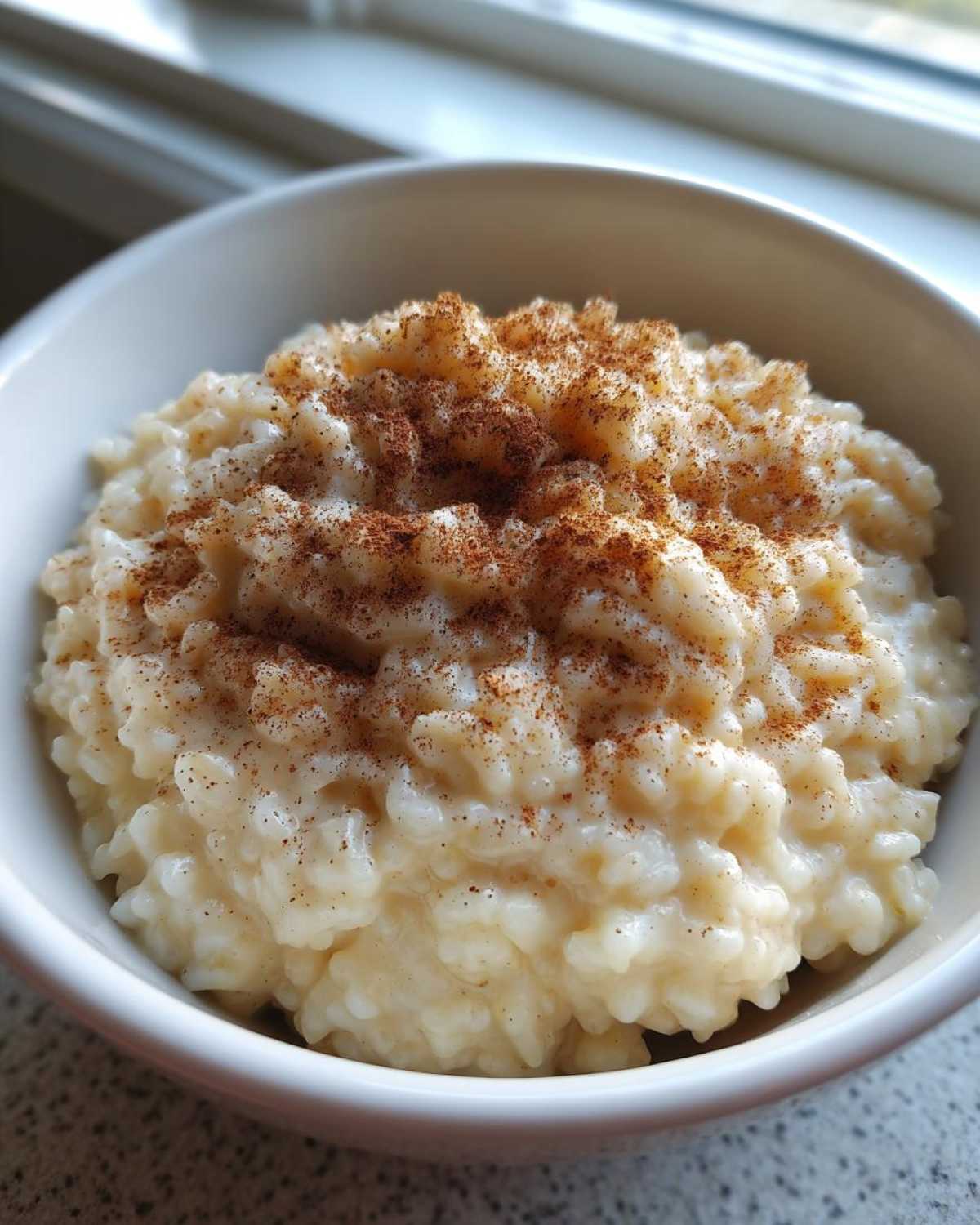 Close-up of creamy rice pudding topped generously with ground cinnamon in a white bowl.