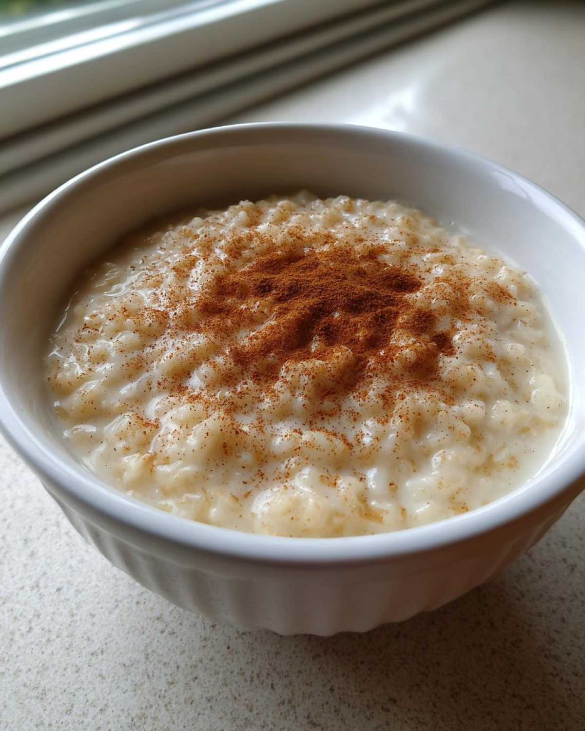 Close-up of creamy rice pudding in a white bowl, generously topped with ground cinnamon.