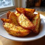 Close-up of golden, crispy air fryer potato wedges heavily seasoned with black pepper served in a white bowl.