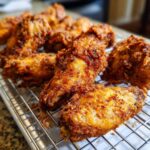 Close-up of several golden brown, seasoned crispy baked chicken wings resting on a wire cooling rack.