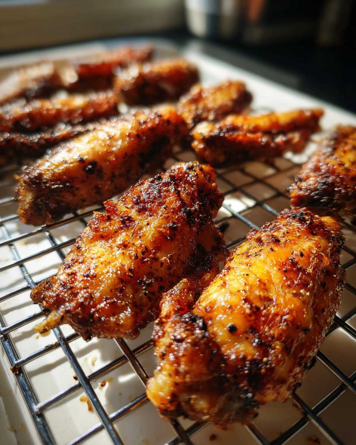 Close-up of several seasoned and crispy baked chicken wings resting on a wire cooling rack after cooking.