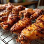 Close-up of perfectly seasoned and crispy baked chicken wings resting on a wire cooling rack.