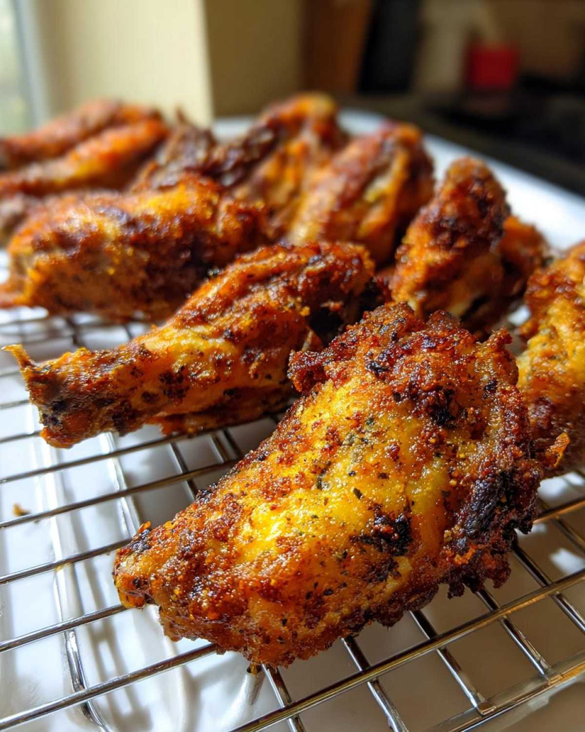 Close-up of several golden brown, seasoned, crispy baked chicken wings resting on a wire cooling rack.